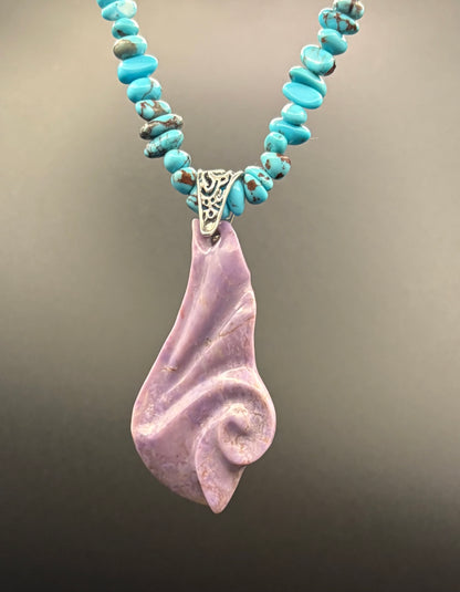 Lavender Swirl - Hand-sculpted Purple Jade Pendant with Turquoise Beads