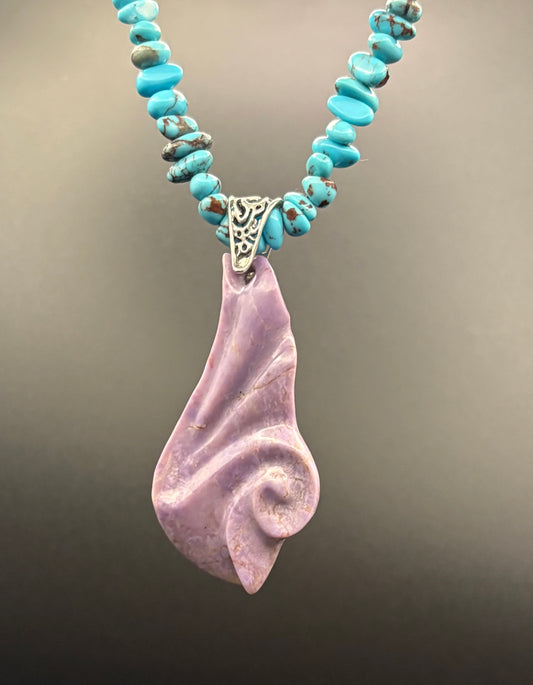 Lavender Swirl - Hand-sculpted Purple Jade Pendant with Turquoise Beads